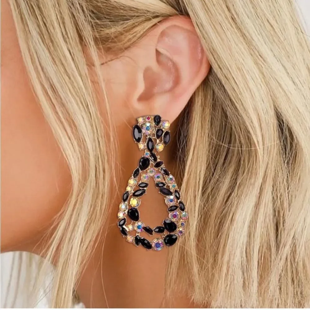 Yellow Gold with Onyx and Iridescent AB Crystal Geometric Teardrop Post Earrings